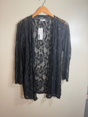 Meaneor Black Lace Kimono Cardigan XL Sheer Open Front Boho Festival
